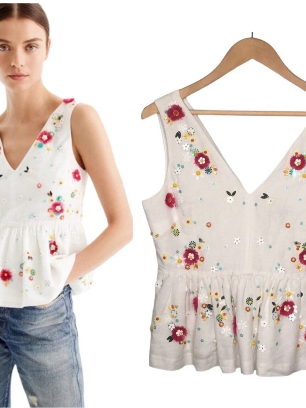 J. Crew White V-Neck Embellished Linen Peplum Tank with Pink Floral Accents